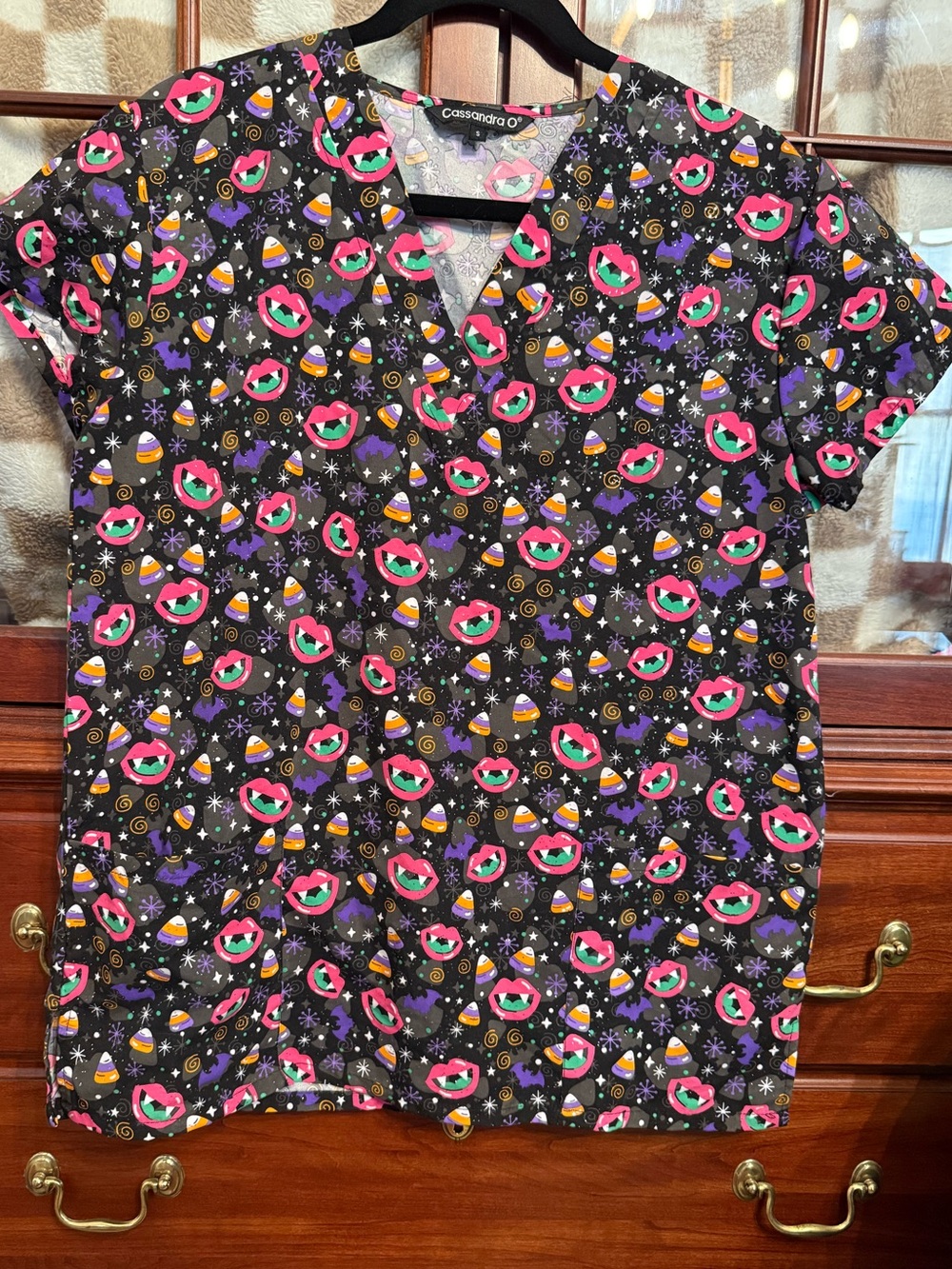 Cassandra O Black Halloween Print Scrub Top